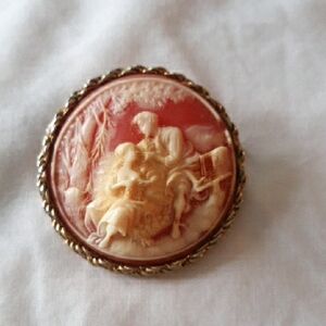 Weatherproof Coral and Ivory Cameo Brooch with Gold-Tone Frame